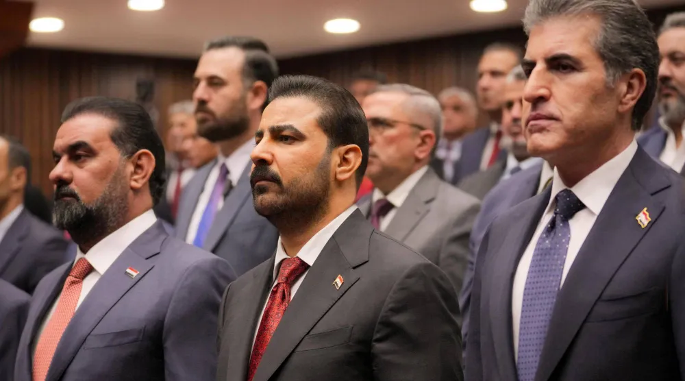 رئيس الوزراء العراقي علي الزيدي يتوسط رئيس إقليم كردستان نيجيرفان بارزاني (يمين) ورئيس البرلمان هيبت الحلبوسي (يسار) خلال مؤتمر «السيادة» في بغداد 2 أكتوبر الحالي (رويترز)