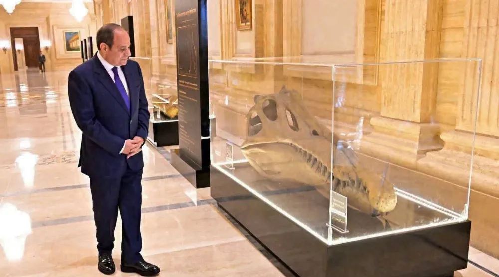 الرئيس المصري عبد الفتاح السيسي أمام حفرية «السبينوصور المصري» والمعروضة في صندوق خلال مؤتمر مصر للتعدين (الصفحة الرسمية للهيئة العامة للاستعلامات بـ«فيسبوك»)