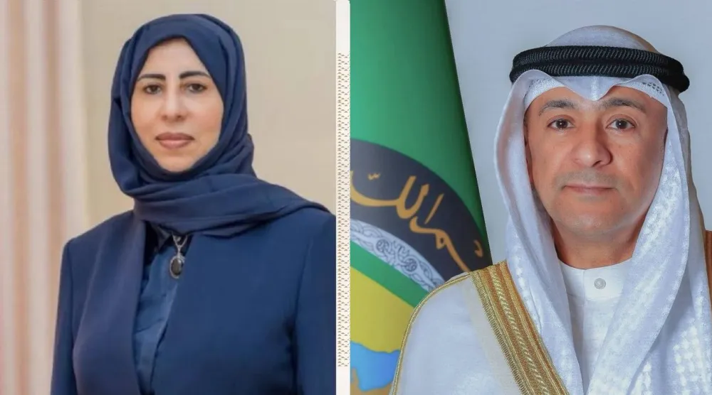 جاسم البديوي الأمين العام لمجلس التعاون الخليجي والدكتورة أفراح الزوبة وزيرة الخارجية اليمنية (التعاون الخليجي)