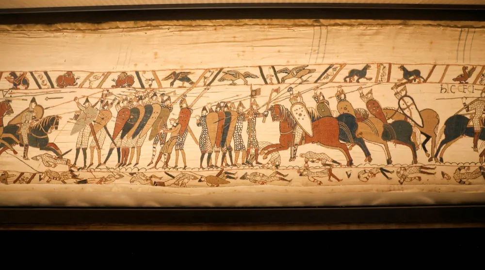 The fragile 70-meter tapestry went on display in the UK for the first time in September on loan from its home in Normandy, France. (Reuters)