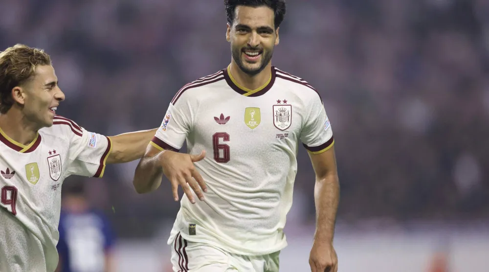  Spain's midfielder #6 Mikel Merino celebrates scoring his team's second goal during the UEFA Nations League Group A3 football match between Croatia and Spain at the Poljud stadium in Split on October 6, 2026. (AFP) 