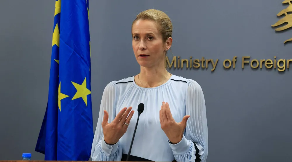 نائبة رئيسة المفوضية الأوروبية كايا كالاس تتحدث خلال مؤتمر صحافي في بيروت 8 أكتوبر 2026 (رويترز)