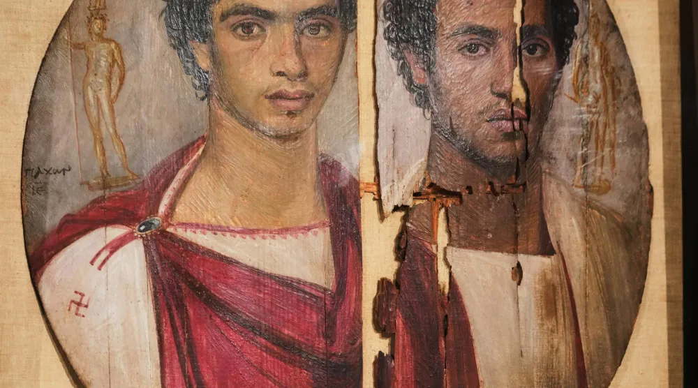Fayoum portraits, "Tondo of the Two Brothers", Egyptian icons from the Greco-Roman period the 1st century BC, are displayed at the Egyptian Museum in Cairo, Egypt, Sunday, Oct. 11, 2026, after being restored. (AP Photo/Amr Nabil)