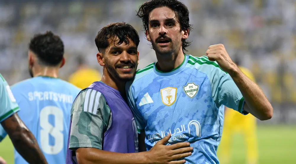 Trincao celebrates his goal against Al-Wasl. (Ali Khamaj)