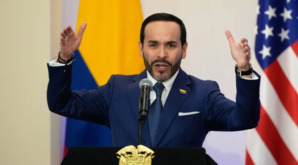 FILE - Colombian President Abelardo De La Espriella speaks during a bilateral agreements signing ceremony with US Secretary of State Marco Rubio in Barranquilla, Colombia, on Sept. 8, 2026. (AP Photo/Fernando Vergara, Pool, File)