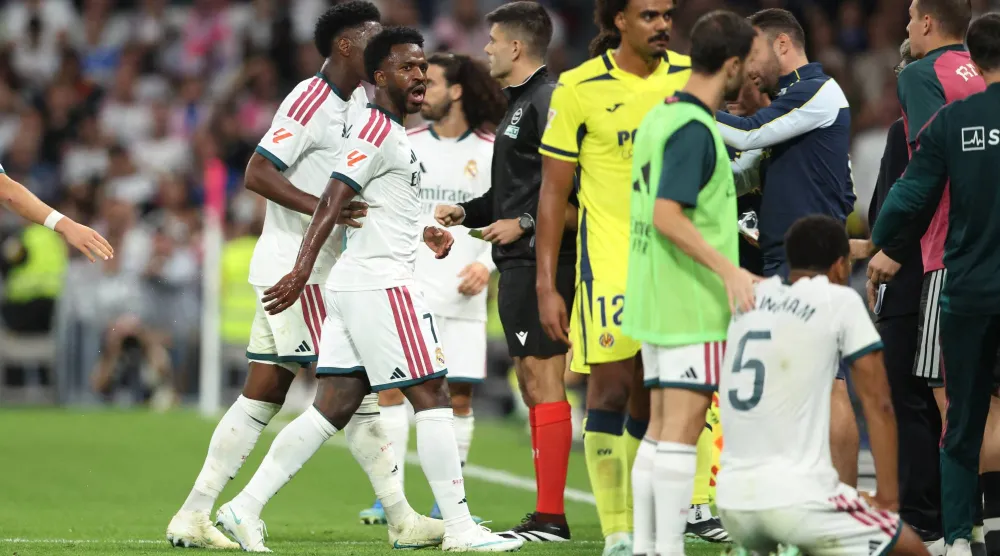 Football - LaLiga - Real Madrid v Villarreal - Estadio Bernabeu, Madrid, Spain - October 10, 2026 Real Madrid's Vinicius Junior reacts as he leaves the pitch after being shown a red card. (Reuters)