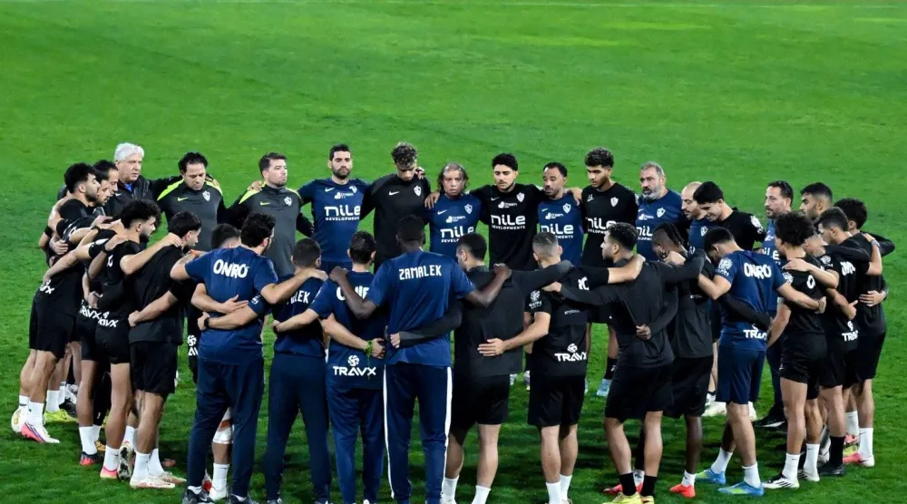 لاعبو الزمالك خلال تدريباتهم الأخيرة في راوندا استعداداً لملاقاة باتريويتك ضمن دوري أبطال أفريقيا (نادي الزمالك)