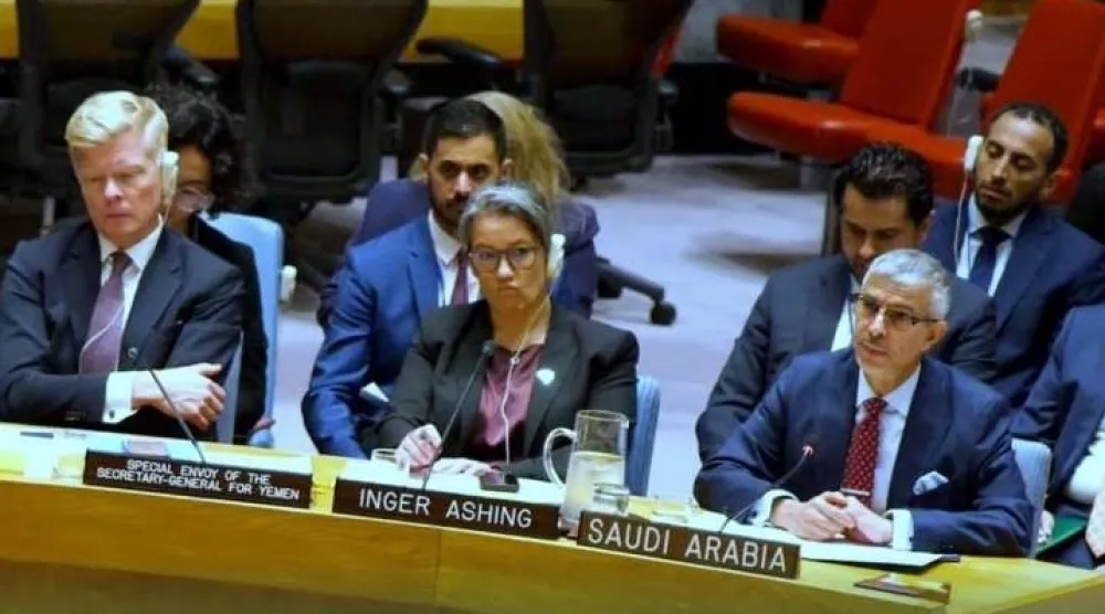 من جلسة سابقة لمجلس الأمن حول اليمن بحضور المبعوث الأممي هانس غروندبرغ (بعثة السعودية لدى الأمم المتحدة)