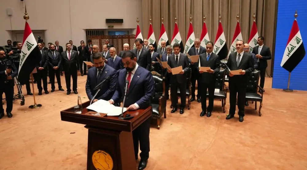 رئيس البرلمان العراقي هيبت الحلبوسي يقرأ اليمين الدستورية وإلى جانبه رئيس الحكومة علي الزيدي ومن خلفهما وزراء جدد في الحكومة (إعلام حكومي)