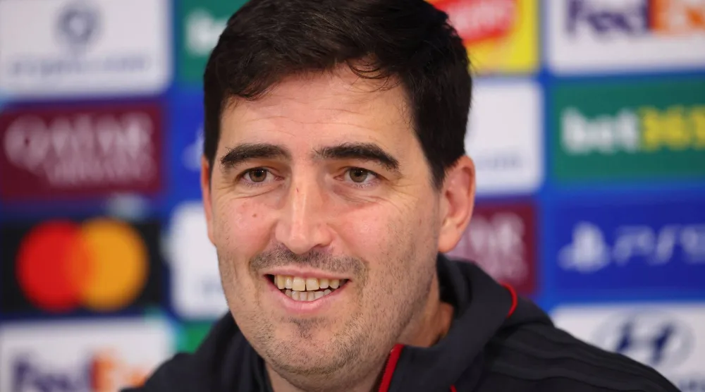 UEFA Champions League - Liverpool Press Conference - AXA Training Centre, Liverpool, Britain - October 19, 2026 Liverpool manager Andoni Iraola during the press conference. (Reuters)