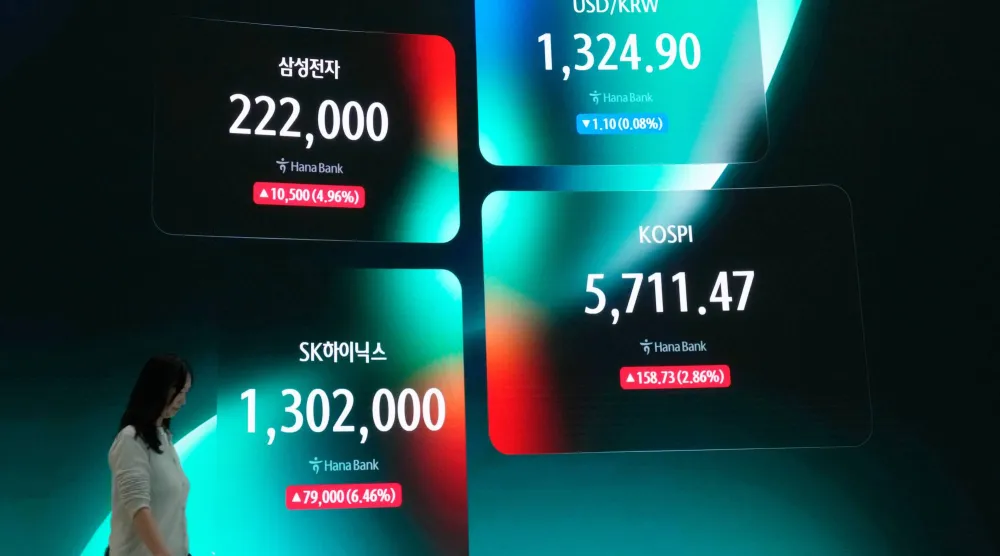 شاشة تعرض مؤشر «كوسبي» وسعر صرف العملات الأجنبية بين الدولار الأميركي والوون الكوري الجنوبي في غرفة تداول العملات الأجنبية بمقر بنك هانا في سيول (أ.ب)