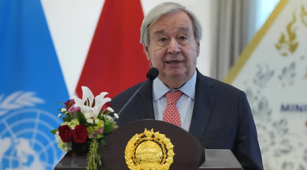 United Nations Secretary-General Antonio Guterres speaks to the media during a joint press conference with Indonesian Foreign Minister Arrmanatha Nasir in Jakarta, Indonesia, Monday, Oct. 19, 2026. (AP Photo/Tatan Syuflana)