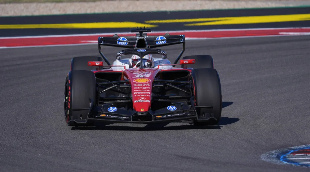 Ferrari driver Charles Leclerc, of Monaco, steers his car into a turn during the second practice session for the Formula One United States Grand Prix auto race in Austin, Texas, Friday, Oct. 23, 2026. (AP Photo/Eric Gay)