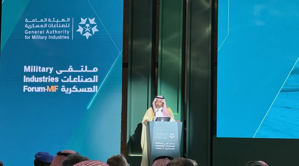 بندر الخريف وزير الدولة عضو مجلس الوزراء محافظ «الهيئة العامة للصناعات العسكرية» المكلف خلال «ملتقى الصناعات العسكرية» (الشرق الأوسط)