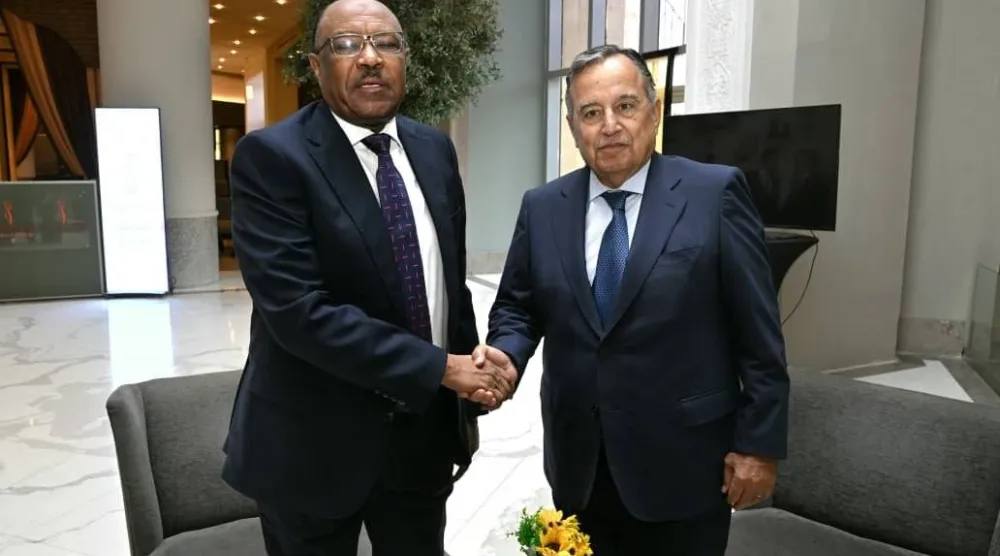 وزير الخارجية السوداني في أثناء استقباله أمين عام الجامعة العربية في مطار الخرطوم الاثنين (الخارجية السودانية)