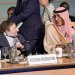 وزير المالية السعودي محمد الجدعان يتحدث مع أليكسي موروزوف المدير التنفيذي المناوب لمجموعة البنك الدولي خلال إحدى جلسات اجتماعات الربيع السنوية لصندوق النقد الدولي والبنك الدولي في العاصمة الأميركية واشنطن (رويترز)