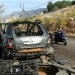 حطام سيارة استهدفتها طائرة إسرائيلية في قرية كفر رمان بالنبطية بجنوب لبنان (أ.ف.ب) 