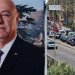 صورة عملاقة للرئيس اللبناني جوزيف عون مثبتة على المدخل الشمالي لمدينة صيدا وتظهر في الصورة سيارات النازحين من الجنوب باتجاه بيروت (إ.ب.أ)