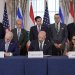 ممثلو لبنان وإسرائيل والولايات المتحدة يوقّعون اتفاق الإطار في مقر وزارة الخارجية الأميركية الجمعة (رويترز)